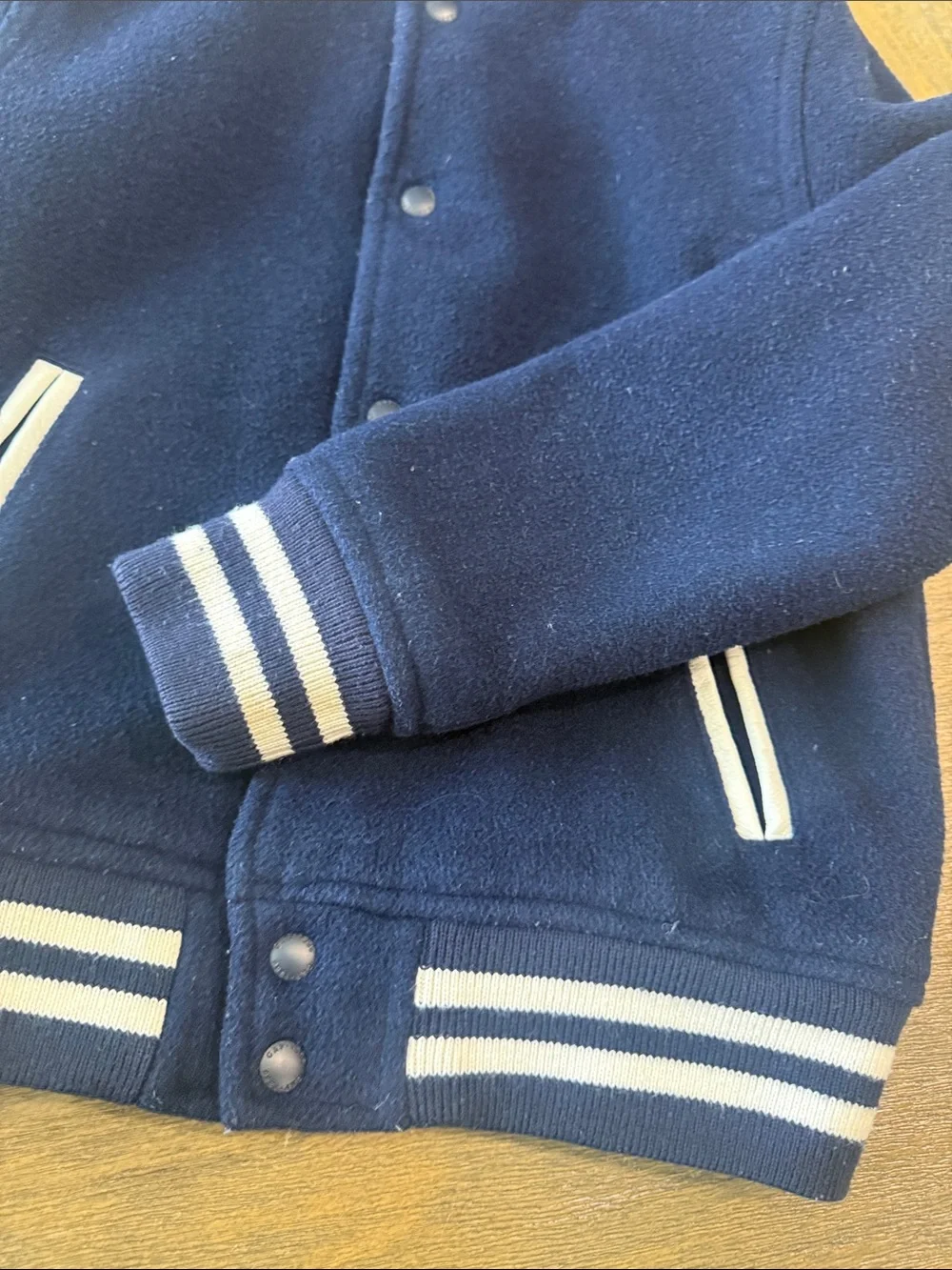 GAP Kids Boys Navy Varsity Jacket Size Medium Wool Blend Leather Trim Pockets